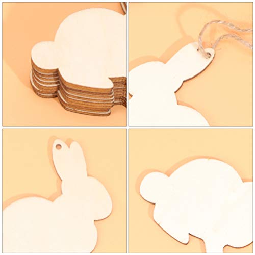 Amosfun 30pcs Wooden Easter Cutouts Rabbit Unfinished Wood Slices Wooden Easter Crafts with Hemp Ropes for Easter Hanging Party Decoration