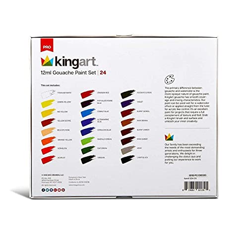 KINGART 534-24 PRO GOUACHE Paint Set, Set of 24 Unique Colors, 12ml Tubes, Non-toxic, water-based paints KINGART