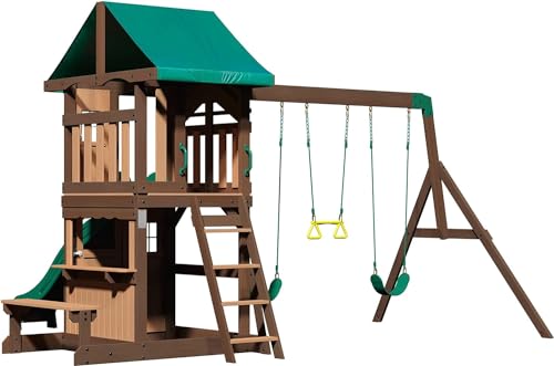 Backyard Discovery Lakewood Cedar Wood Swing Set, Covered Upper Deck with White Trim Window, Slide with Rails, Lower Fort Area with Door and Attached - WoodArtSupply