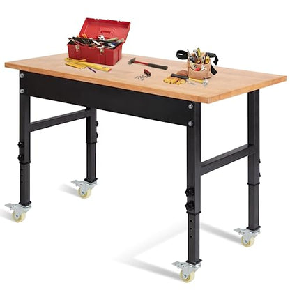 48" Adjustable Work Bench, Rubber Wood Top Heavy-Duty Workbench with Wheels, 2000 LBS Load Capacity Hardwood Worktable, for Garage, Workshop, Home, - WoodArtSupply