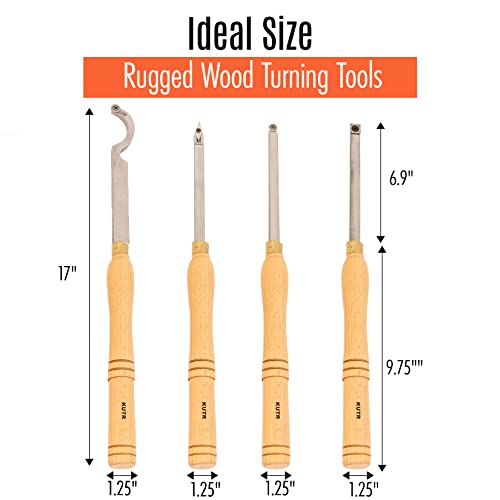 Full Size Professional Carbide Wood Turning Tools for Lathe Woodworking, 4 Pc. Set, Heavy Duty Rougher, Finishers, Detailer, and Replacement Cutting KUTR