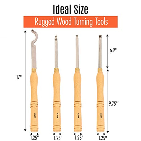 Full Size Professional Carbide Wood Turning Tools for Lathe Woodworking, 4 Pc. Set, Heavy Duty Rougher, Finishers, Detailer, and Replacement Cutting KUTR