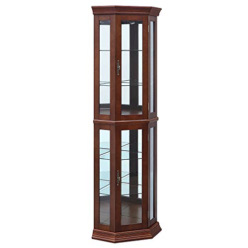 BELLEZE Lighted Wooden Corner Display Curio Cabinet, Two Section Shelving Unit with Tempered Glass Door, Bar and Liquor Storage Area with 6 Shelves -