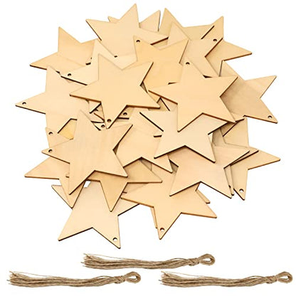 yueton 30PCS 8cm/3.15inch Wooden Star Hanging Ornaments Unfinished Blank Star Wood Pieces Wood Slices Wood Chips Gift Tags Wooden Star Embellishment