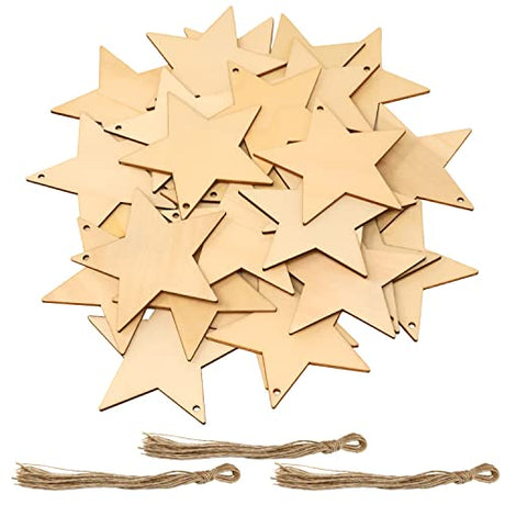 yueton 30PCS 8cm/3.15inch Wooden Star Hanging Ornaments Unfinished Blank Star Wood Pieces Wood Slices Wood Chips Gift Tags Wooden Star Embellishment yueton