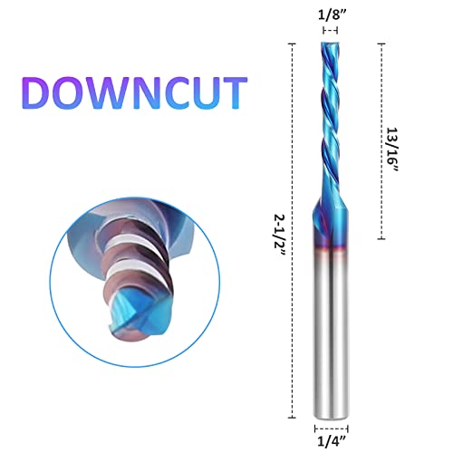 HQMaster 5 Pcs Spiral CNC Router Bits Set Down Cut 1/4” Shank Solid Carbide Spiral Downcut CNC Bits with Nano Blue Coating End Mill for Wood Cut HQMaster