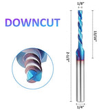 HQMaster 5 Pcs Spiral CNC Router Bits Set Down Cut 1/4” Shank Solid Carbide Spiral Downcut CNC Bits with Nano Blue Coating End Mill for Wood Cut HQMaster