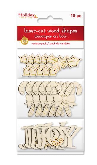 Christmas Icons - Unfinished Laser Cut Out Wooden Shapes for Crafting - Natural Wood - 15 Pieces (Holly, Candy Canes, Joy) - WoodArtSupply