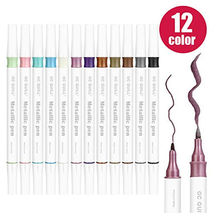 GC QUILL 12 Colors Metallic Marker Pens - Dual Tip Brush and Fine Point Pens for DIY Album, Black Cards, Scrapbooking, Craft Supplies, on Ceramic, - WoodArtSupply