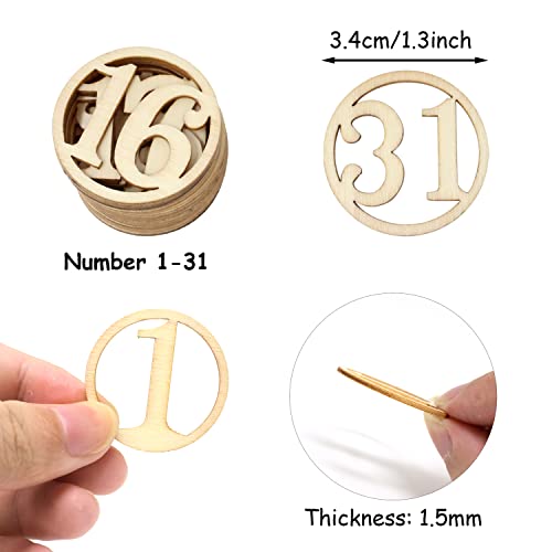 yueton 1-31 Wooden Numbers Ornaments, Unfinished Number Wood Pieces Wood Slices Wood Chips, Wooden Gift Tags, for Birthday, Wedding, Halloween,