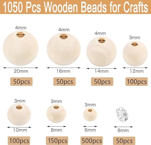 Wooden Beads, 1050pcs Natural Wood Beads Bulk Unfinished Round Wooden Loose Beads Wood Spacer Beads Wooden Round Ball for Craft Making Decorations