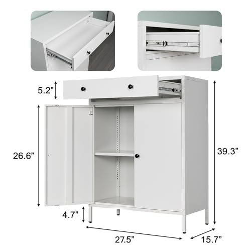 BESFUR Sideboard Buffet Cabinet, Accent Cabinet with Drawer, 39.3“H x 27.5”W x 15.7“D Metal Buffets & Sideboards for Living Room, Hallway - White