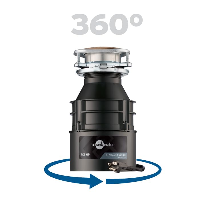 InSinkErator Badger 5 Garbage Disposal with Power Cord, Standard Series 1/2 HP Continuous Feed Food Waste Disposer, Badger 5 W/C, No Size, Black/Gray InSinkErator