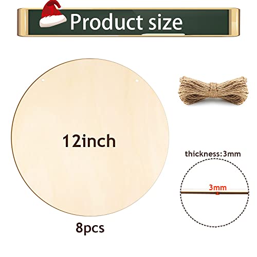 FSWCCK 8 PCS 12 Inch Blank Wood Circles for Crafts, Unfinished Wood Slices Front Door Decor Round Wooden Hanging Sign with Twine for DIY Crafts FSWCCK