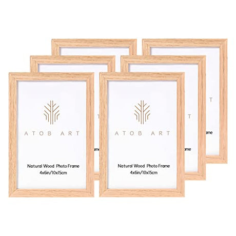 ATOBART 4x6 Picture Frame Set of 6, Made of Solid OAK Wood with Real Glass Front,4x6 Natural Wood Photo Frame for Wall Mount or Table Top Display ATOBART