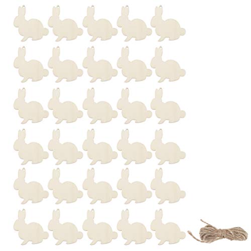 Amosfun 30pcs Wooden Easter Cutouts Rabbit Unfinished Wood Slices Wooden Easter Crafts with Hemp Ropes for Easter Hanging Party Decoration Amosfun