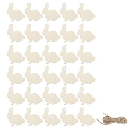 Amosfun 30pcs Wooden Easter Cutouts Rabbit Unfinished Wood Slices Wooden Easter Crafts with Hemp Ropes for Easter Hanging Party Decoration