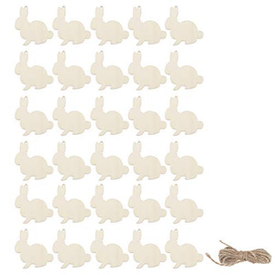 Amosfun 30pcs Wooden Easter Cutouts Rabbit Unfinished Wood Slices Wooden Easter Crafts with Hemp Ropes for Easter Hanging Party Decoration