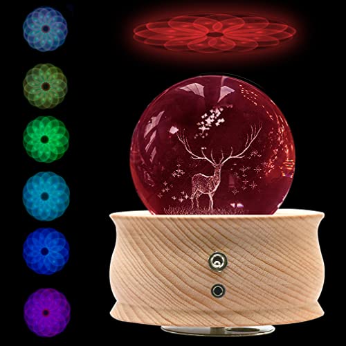 【Christmas Day Gifts】DCOVOR Crystal Ball Music Box, 3D Rotating Crystal Globe with RGB Projection LED Light, Wood Base Luminous USB Charging Musical - WoodArtSupply