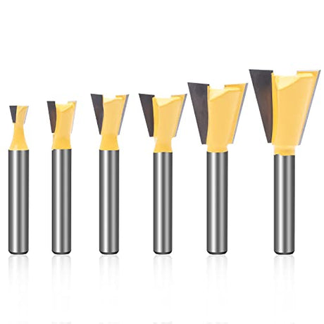 KOWOOD Dovetail Router Bit Set 6 Sizes with 1/4 Inch Shank ,Cutting Dia in 1/4" 3/8" 1/2" 5/8" 3/4" 7/8" Wood Milling Cutter Tool for Making Boxes KOWOOD
