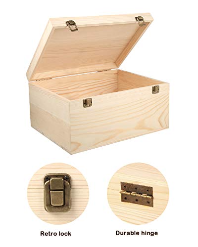 Woiworco Extral Large Wooden Box, 13 x 10 x 6.5 inch Natural Unfinished Pine Wood Boxes with Hinged Lid and Front Clasp for DIY Craft Art, Hobbies, Woiworco