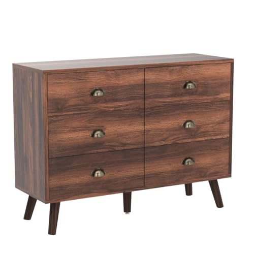 JOZZBY 6 Drawer Dresser with Metal Handle for Bedroom, Mid-Century, Modern Walnut Wood Dresser Chest of Drawers for Living Room, Hallway JOZZBY