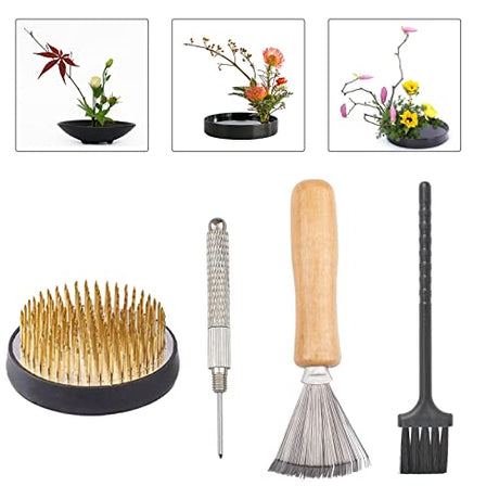 WANDIC Flower Frog Set, 4 Pcs Ikebana Tools Round Flower Holder & Needle Straightening Tool & Cleaning Brushes for Floral Arrangement Art WANDIC