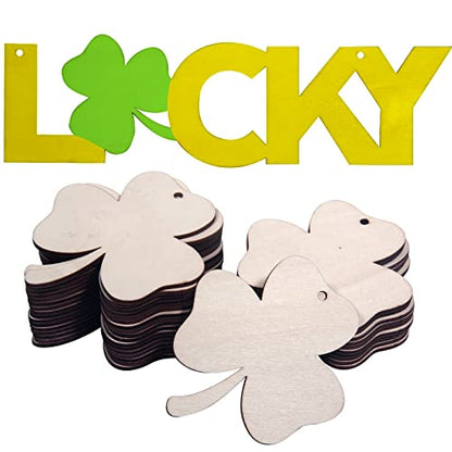 Unfinished Wooden Ornaments, Unfinished Wood Shamrock Cutouts, DIY Wooden Ornaments with Ropes, 30 PCS Shamrock and 1 Lucky
