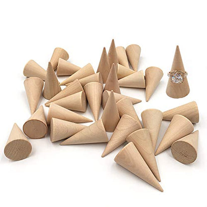 LARATH 20 Pieces Wooden Cone Ring Holder Unpainted Wood Rings Jewelry Display Stands Organizer Holders for Girls Women DIY Craft