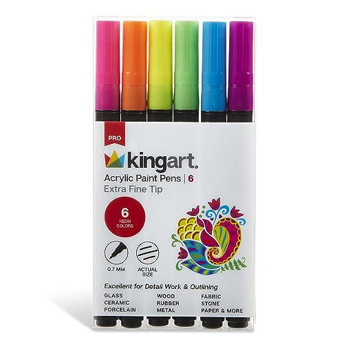 KINGART 453-6C PRO Neon 6 Ct. Extra Fine Paint Pens, 0.7mm Tip, 6 Fluorescent Acrylic Paint Markers, Low-Odor Water-Based Quick Dry Paint Markers for KINGART
