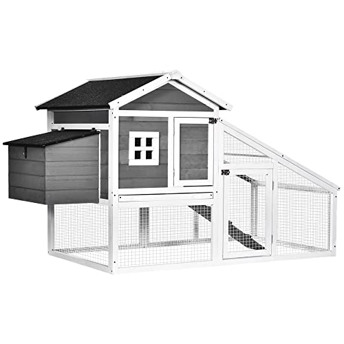 PawHut 69" Chicken Coop Wooden Chicken House, Rabbit Hutch Pen, Outdoor Backyard Poultry Hen Cage with Run with Nesting Box, Removable Tray, Asphalt