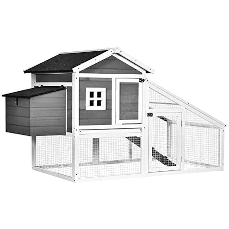 PawHut 69" Chicken Coop Wooden Chicken House, Rabbit Hutch Pen, Outdoor Backyard Poultry Hen Cage with Run with Nesting Box, Removable Tray, Asphalt PawHut