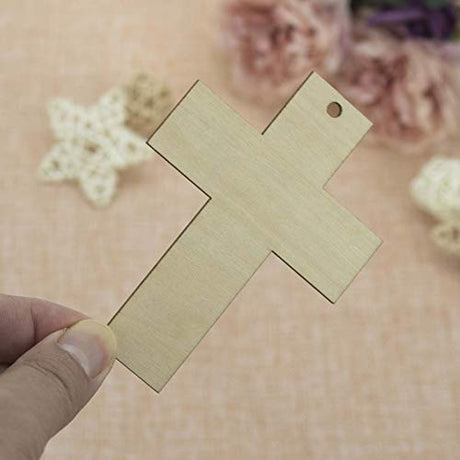 JANOU 20pcs Cross Shaped Wood DIY Craft Cutouts Cross Unfinished Wood Gift Tags Ornaments with Ropes for Wedding Birthday Happy Easter Party JANOU