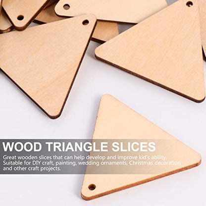 EXCEART 60pcs Wooden Cutouts Triangle Wood Cutout Unfinished Painting Wooden Pieces Slices with Hole Pendant for Crafts 60mm