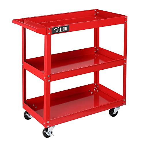 TUFFIOM 3 Tier Rolling Tool Cart, 330 Lbs Capacity, Red, 3 Shelves Steel Utility Cart for Garage, Workshop, Warehouse & Repair Shop - WoodArtSupply