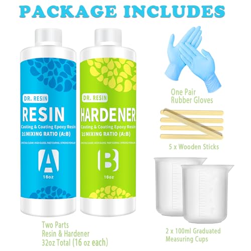 DR. RESIN Clear Epoxy Resin Kit 2 Part Art Resin 32 oz Crystal Countertop Epoxy Kit with Measuring Cups Sticks Spreader Gloves DR. RESIN