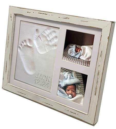 Farmhouse Baby Handprint & Footprint Picture Frame Kit - Rustic 9" x 11" Distressed Wood Photo Frame & Clay Keepsake for Newborns. Bonus Stencil for Baby Mushroom
