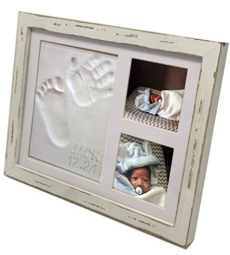 Farmhouse Baby Handprint & Footprint Picture Frame Kit - Rustic 9" x 11" Distressed Wood Photo Frame & Clay Keepsake for Newborns. Bonus Stencil for - WoodArtSupply