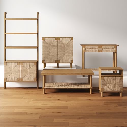 Nathan James Beacon Wall-Mounted Solid Wood Bookshelf with Seagrass Cabinet Fronts Nathan James