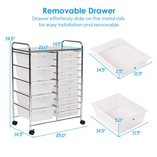 Giantex 15 Drawer Rolling Storage Cart Tools Scrapbook Paper Office School Organizer, Clear - WoodArtSupply