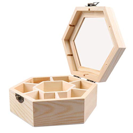 EXCEART Wood Jewelry Storage Box with Hinged Lid Window DIY Hexagon Jewelry Display Case Desktop Compartment Sundries Organizer Unfinished Holder Box EXCEART