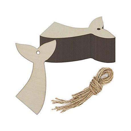 Creaides Fish Tail Wood DIY Crafts Cutouts Wooden Mermaid Tail Shpaed Hanging Ornaments with Hole Hemp Ropes Gift Tag for DIY Projects Home Creaides