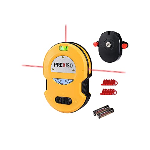 PREXISO Multi Surface Laser Level LED Light Vial, 30Ft Horizontal & Vertical Line Laser with Wall Mount Base, 2 Pins, 10 Sticker, 2 AA Batteries for Prexiso