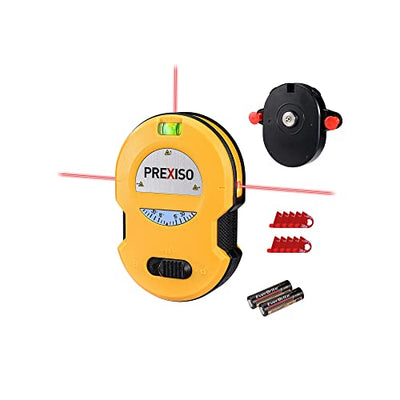 PREXISO Multi Surface Laser Level LED Light Vial, 30Ft Horizontal & Vertical Line Laser with Wall Mount Base, 2 Pins, 10 Sticker, 2 AA Batteries for