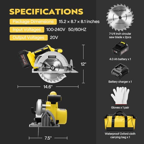 VIVOHOME 7-1/4-Inch Circular Saw Kit, 20V Brushless 4000 RPM, Max Cutting Depth 2-12/25"(90°), 1-5/8"(45°), Cordless Saw with a 4.0-Ah Battery, Fast VIVOHOME