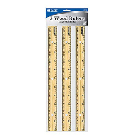 BAZIC Wooden Ruler 12" (30cm), Singel Metal Edge, Inches Centimeter Metric Measuring Drafting Rulers, for Students School Supplies (3/Pack), 1-Pack BAZIC Products