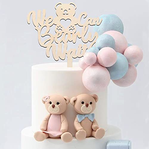 Wooden We Can Bearly Wait Cake Topper for Baby Shower Decorations,Unfinished Wood Teddy Bear Cake Topper for Bear Themed Gender Reveal Party