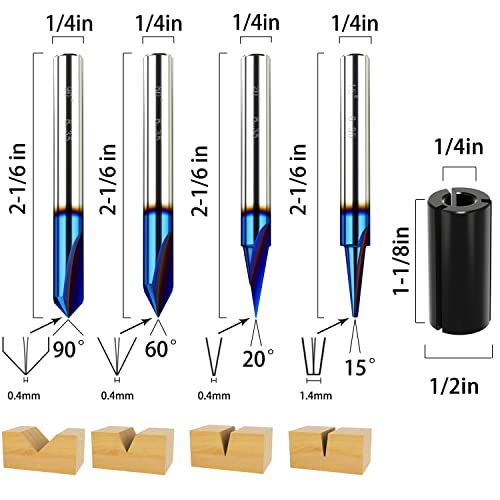 Engraving CNC Wood Carving Router Bit Set 1/4 Inch Shank 15°, 20°, 60°, 90° Engraving Bits with Nano Blue Coated, 2 Flutes Straight CNC V-bit Carzces