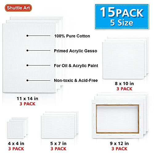 Shuttle Art Stretched Canvas, 15 Multi Pack, 4x4, 5 x 7, 8 x 10, 9x12, 11 x 14 Inches (3 of Each), 100% Cotton, Primed White Painting Canvas, Art - WoodArtSupply