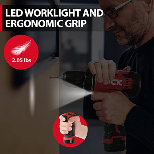 DCK Brushless Drill Set, 310 in.lbs，12V Max Cordless Drill with 2.0Ah Battery, 3/8’’ Keyless Chuck, 2 Variable Speeds, 20+1 Torque Power Tool Kit for DCK